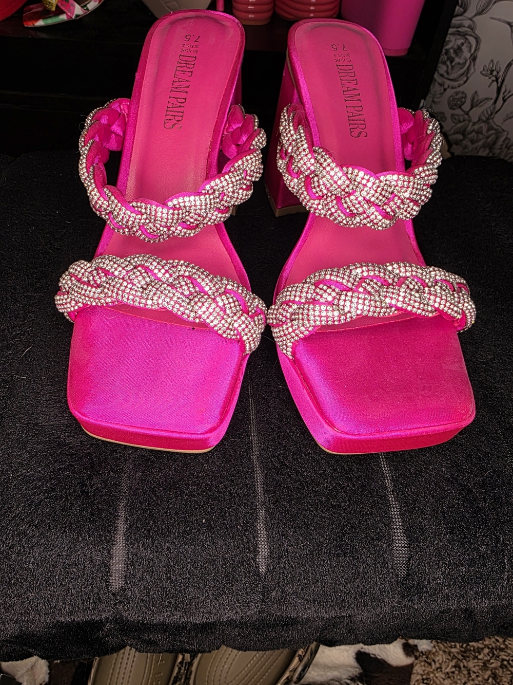 Dream Pairs Hot Pink Braided Crystal Slide Sandals